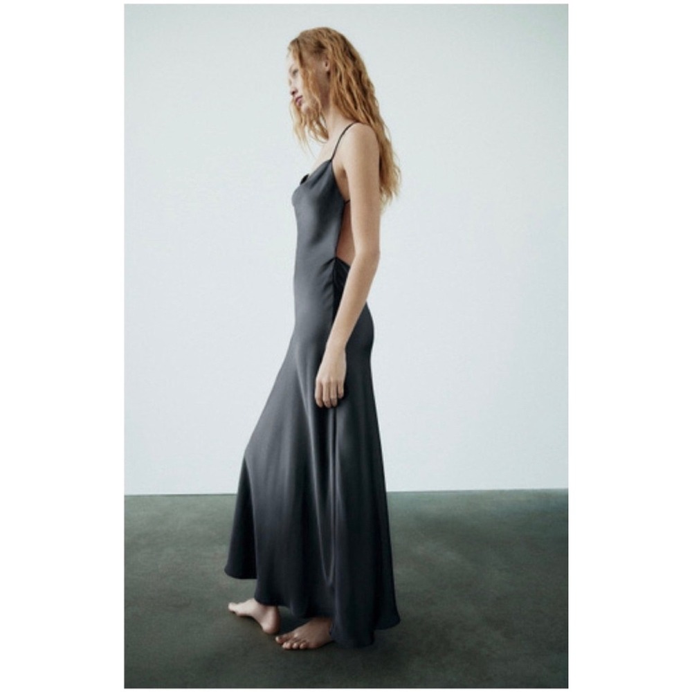 Zara Satin Open Back Maxi Dress Charcoal Grey Cowl Neck Minimalist Gown S